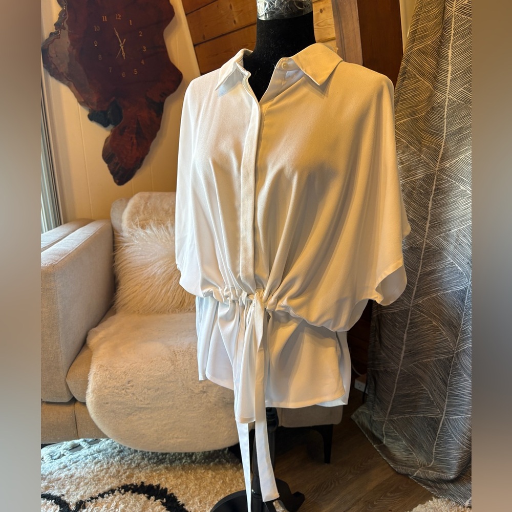 White Prologue Tie-waist Short Sleeve Camp Shirt Top Blouse XXL